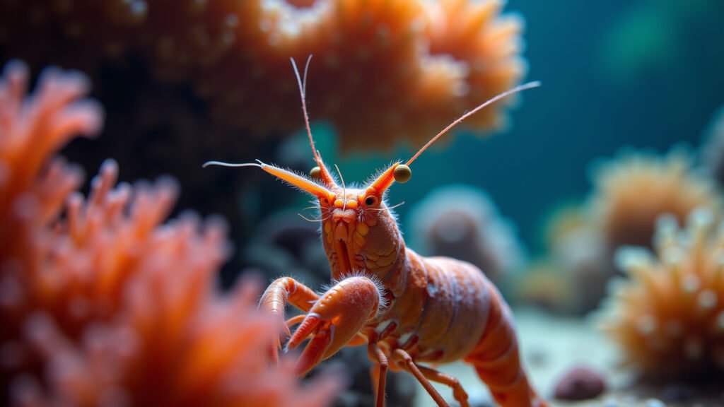 Mantis shrimp complex vision, underwater, 8K quality, vibrant coral reef, natural lighting, Camarão-mantis com visão complexa.