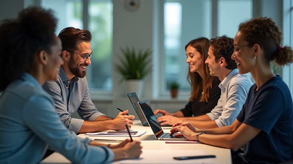 Profissionais diversos trabalhando remotamente em um escritório virtual no metaverso.