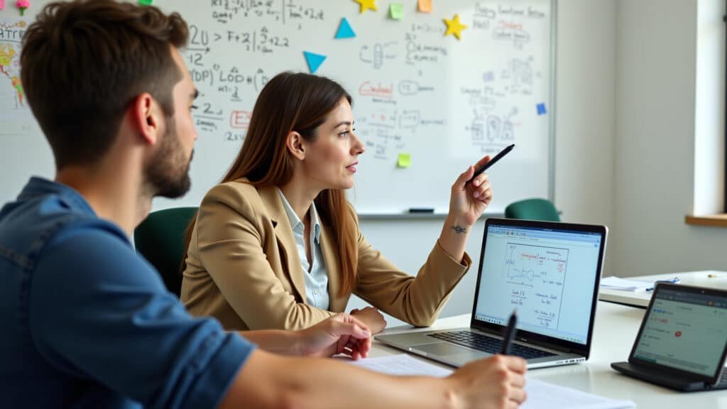 Online math tutor teaching student, virtual classroom, interactive whiteboard, friendly atmosphere, Professor particular online dando aula de matemática.