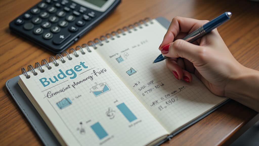 Open notebook, budget planning, calculator, cozy apartment, financial goals, Brazil, 8k, sharp focus Orçamento mensal detalhado para planejar gastos e economizar.