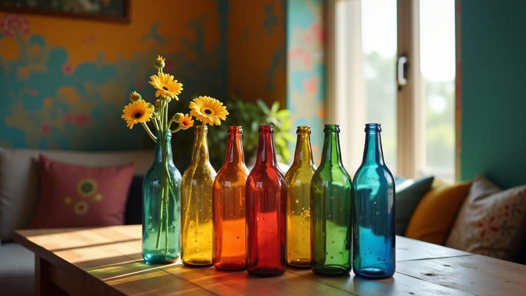 Garrafas de vidro pintadas e decoradas como vasos coloridos.