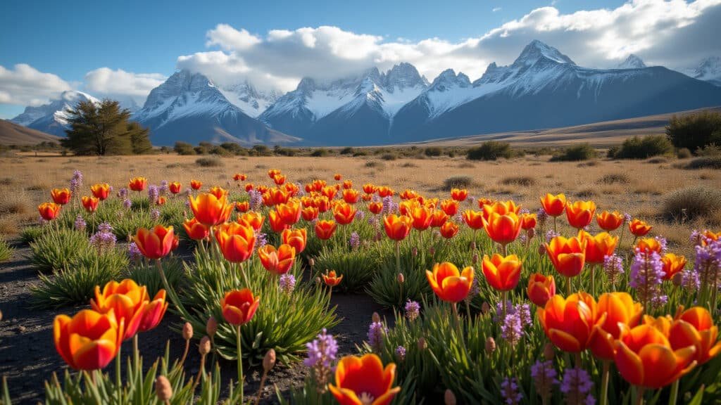 Patagônia em novembro com flores silvestres coloridas.