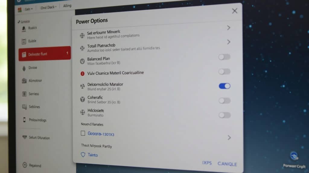 Power options settings on laptop, balanced plan selected, natural light, 8k, professional Ajustando as configurações de energia do notebook.