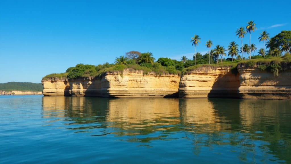 Praia do Espelho, Porto Seguro, Bahia, Brazil. Cliffs reflecting in calm water, blue sky, coconut Praia do Espelho, Porto Seguro: falésias e mar calmo.