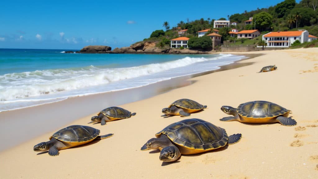 Praia do Forte, Mata de São João, Bahia, Brazil. Sea turtles, historical village, beach, blue Praia do Forte, Bahia: tartarugas marinhas e vila histórica.