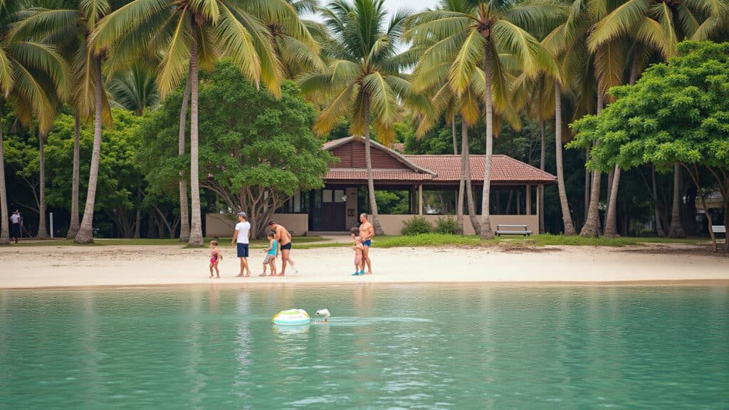 Praia dos Carneiros, Tamandaré, Pernambuco, Brazil. Calm water, coconut trees, family relaxing, Praia dos Carneiros, Tamandaré: águas calmas e coqueiros.