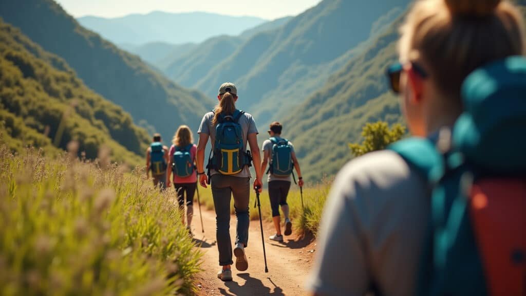 Professional guide leading a hiking group in Chapada dos Veadeiros, Brazil. Natural light, 8k, Guia conduzindo grupo na Chapada dos Veadeiros.