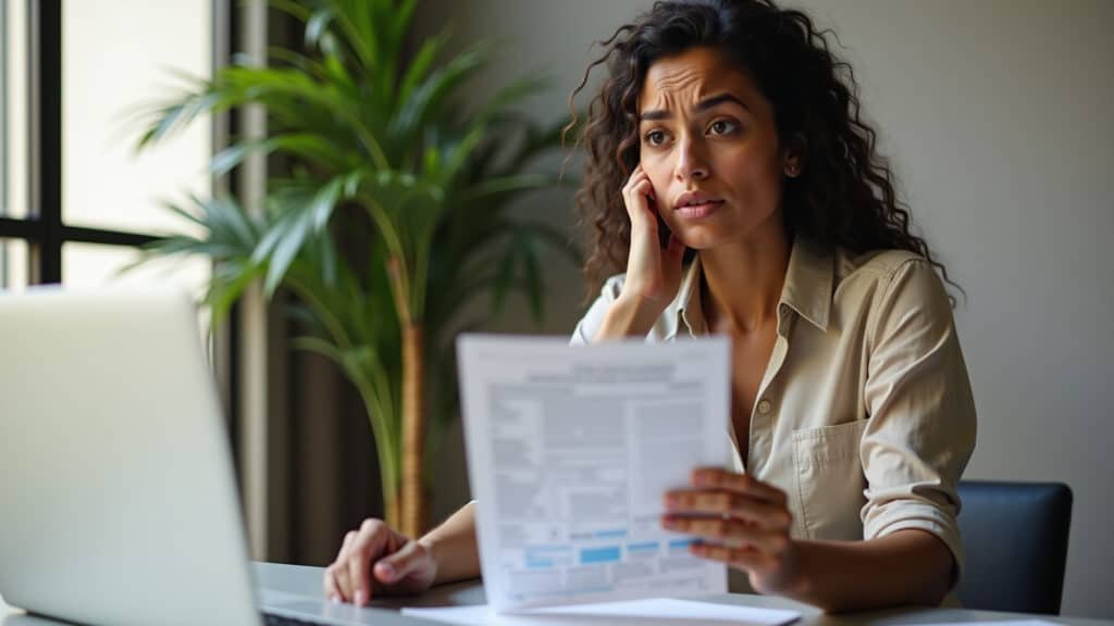 Mulher confusa analisando despesas dedutíveis do Imposto de Renda.