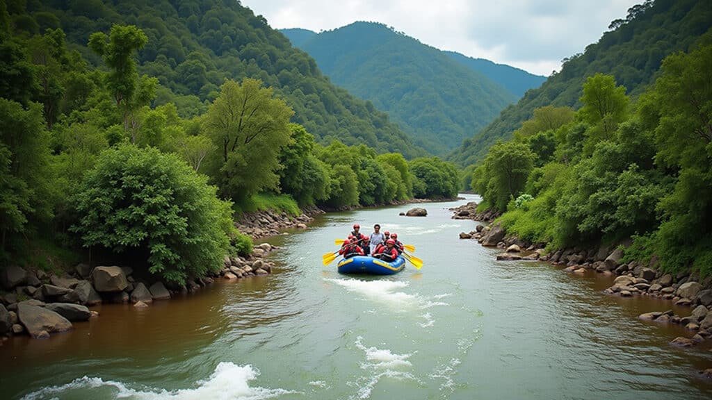 Rafting adventure in Brotas, Brazil. Professional photography, 8K quality, sharp focus, natural Rafting em Brotas, SP: Aventura e natureza exuberante.