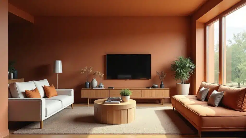 Sala de estar com paredes em tons terrosos repaginados.