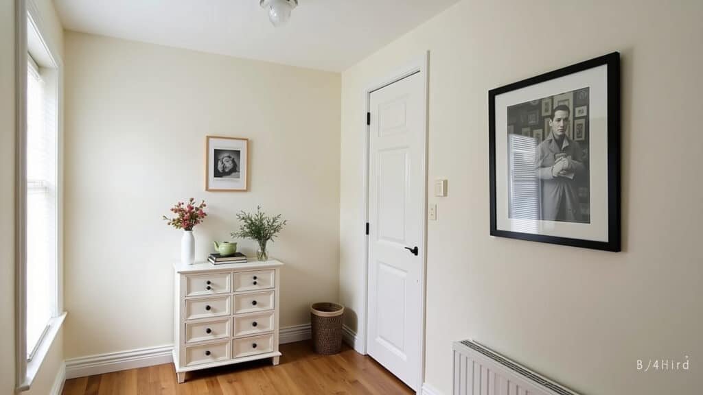 Quadros e objetos decorativos dando um toque pessoal a um apartamento pequeno.