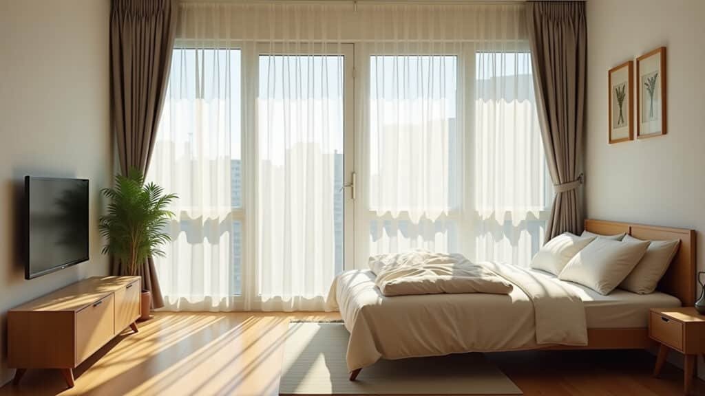 Cortinas leves e claras permitindo a entrada de luz natural em apartamento pequeno.