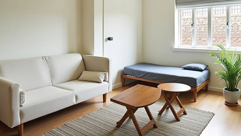 Móveis multifuncionais em apartamento pequeno: sofá-cama e mesa dobrável.