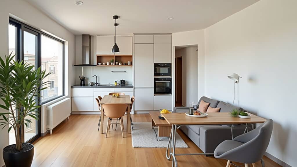 Integração de ambientes em apartamento pequeno: sala e cozinha.