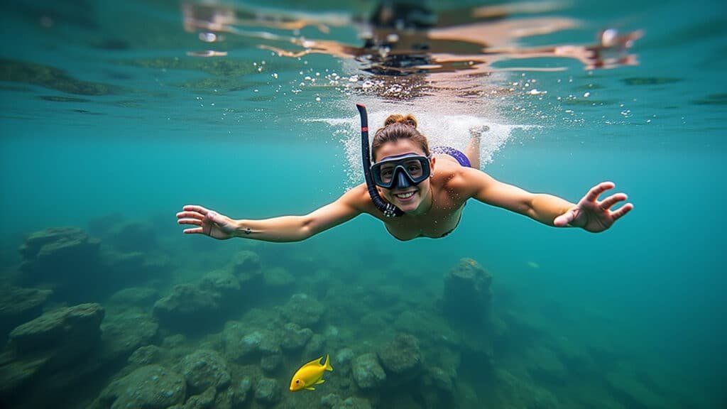 Snorkeling in Bonito's crystal-clear river, Brazil. Professional photography, 8K quality, sharp Flutuação em Bonito, MS: Mergulho em águas cristalinas.