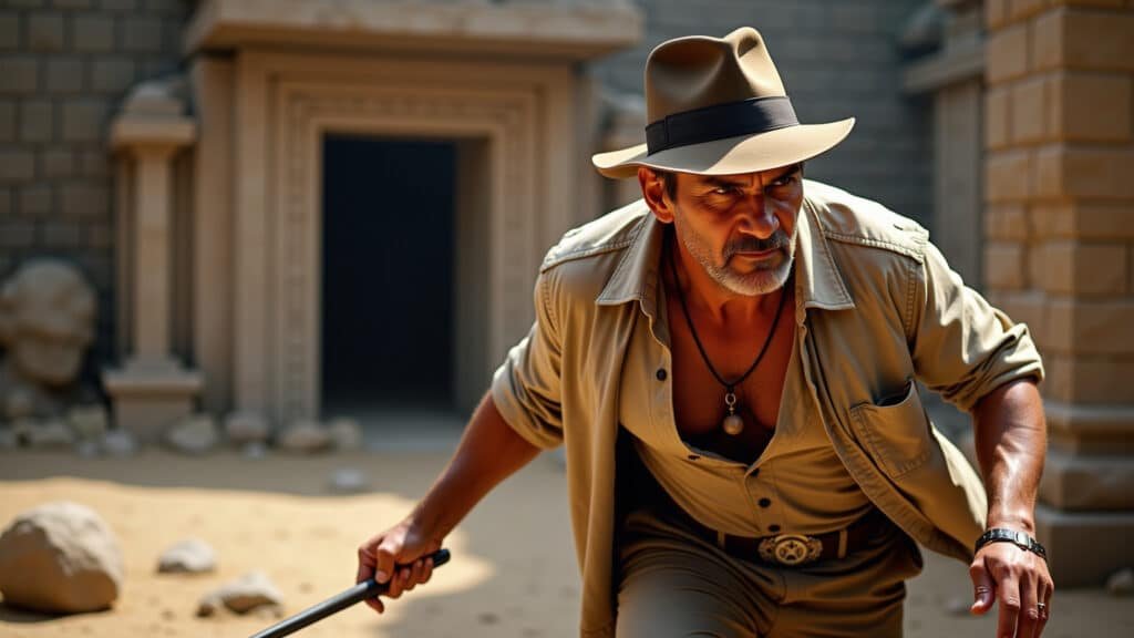 Tom Selleck como Indiana Jones: Ação e aventura nas ruínas de um templo.