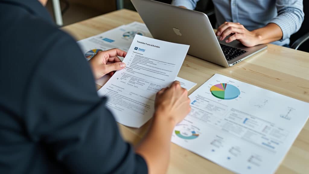 Translator working on document, laptop, ProZ.com platform, language skills, professional Tradutor trabalhando em documentos online.