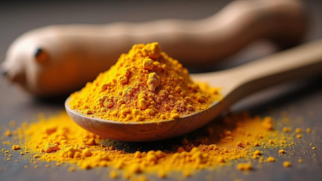 Cúrcuma em pó e raiz, um anti-inflamatório natural para a imunidade.