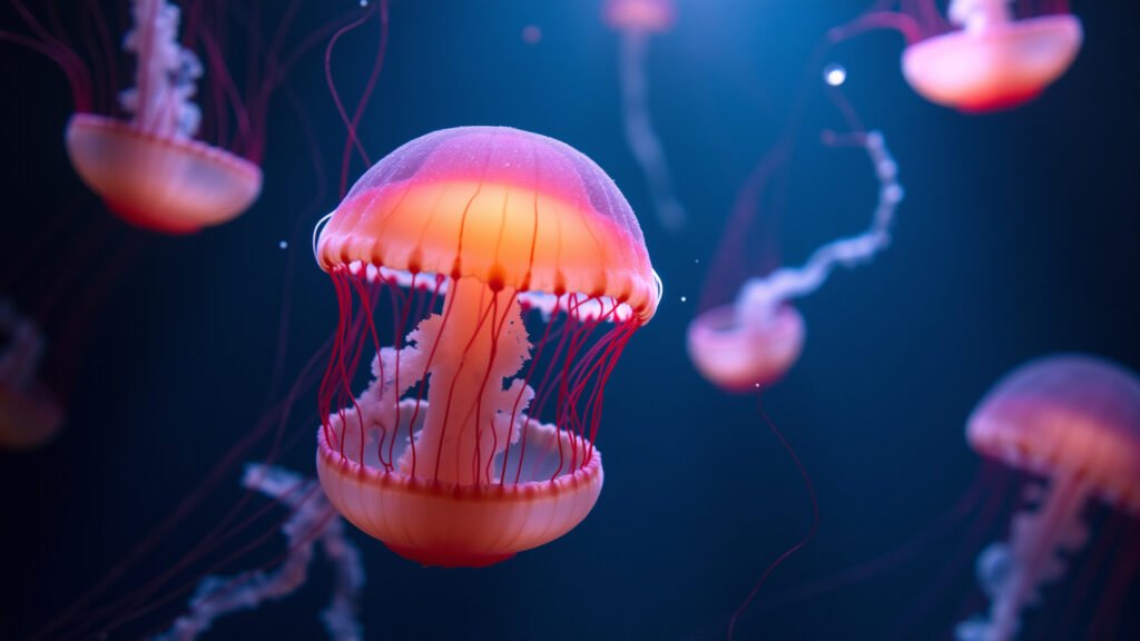 Turritopsis nutricula jellyfish immortality, 8K quality, vibrant colors, natural lighting, Água-viva Turritopsis nutricula.