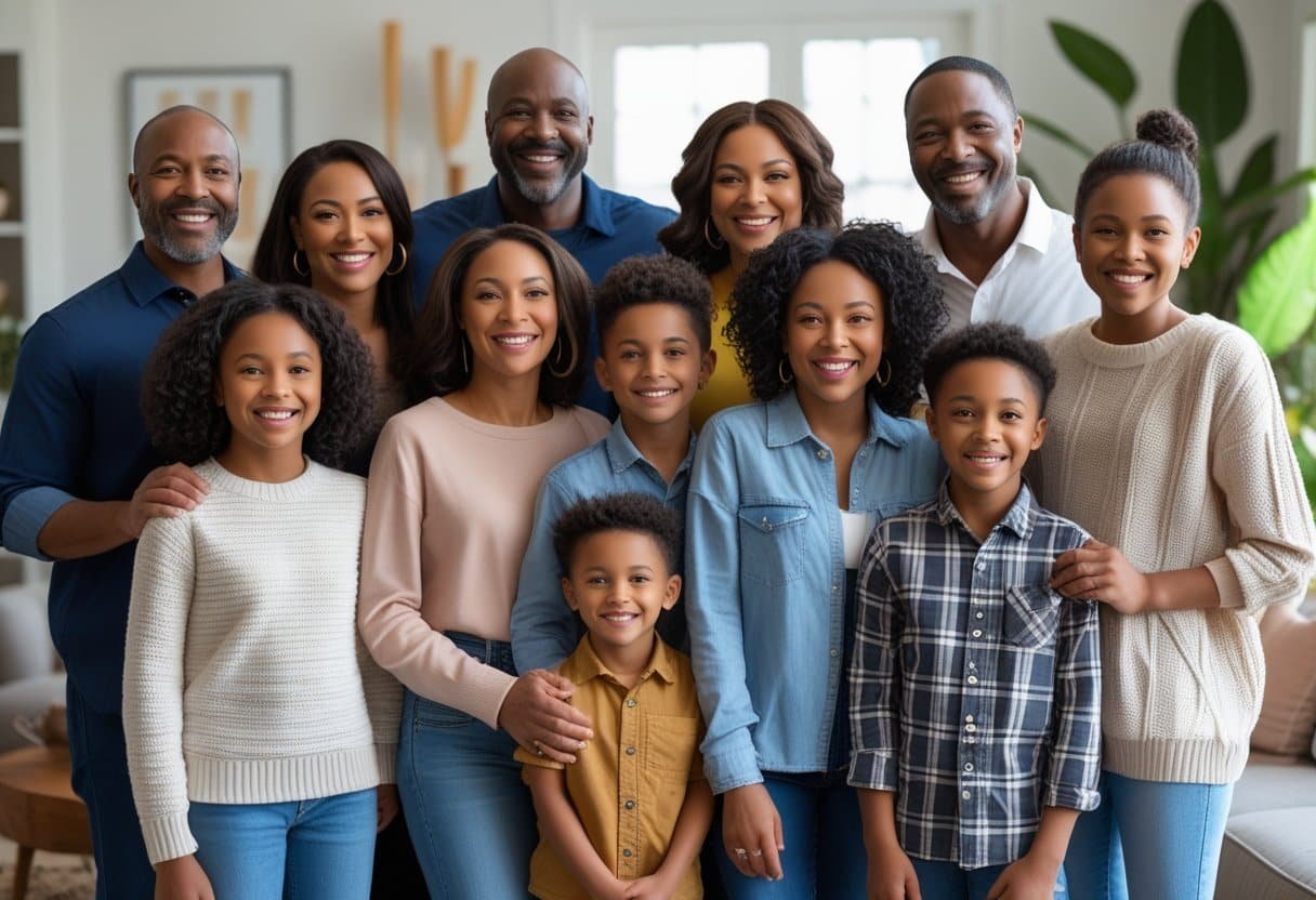 Grupo de pessoas sorrindo, representando uma família unida em uma sala de estar moderna e iluminada.