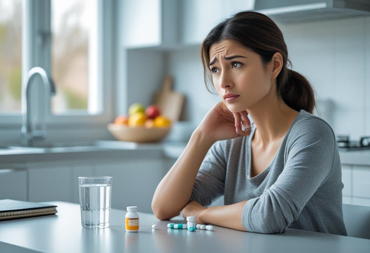 Mulher sentada à mesa da cozinha olhando pensativa para um copo de água e um frasco de remédio.