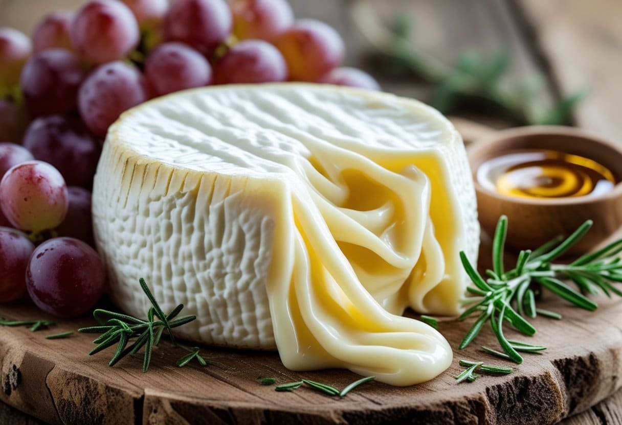 Queijo cremoso e macio em uma tábua de madeira com uvas e um ramo de alecrim ao redor.