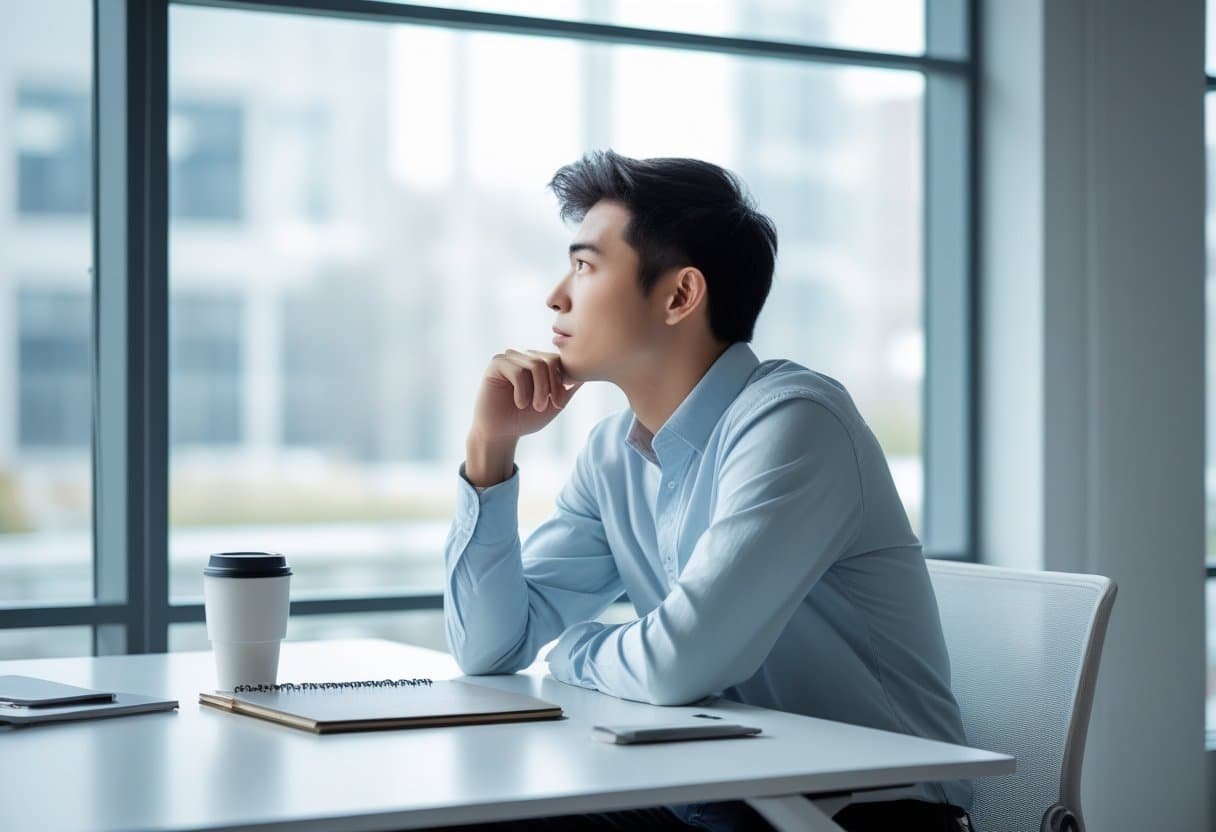 Pessoa jovem pensativa sentada em uma mesa perto de uma janela grande, olhando para fora com expressão calma e reflexiva.