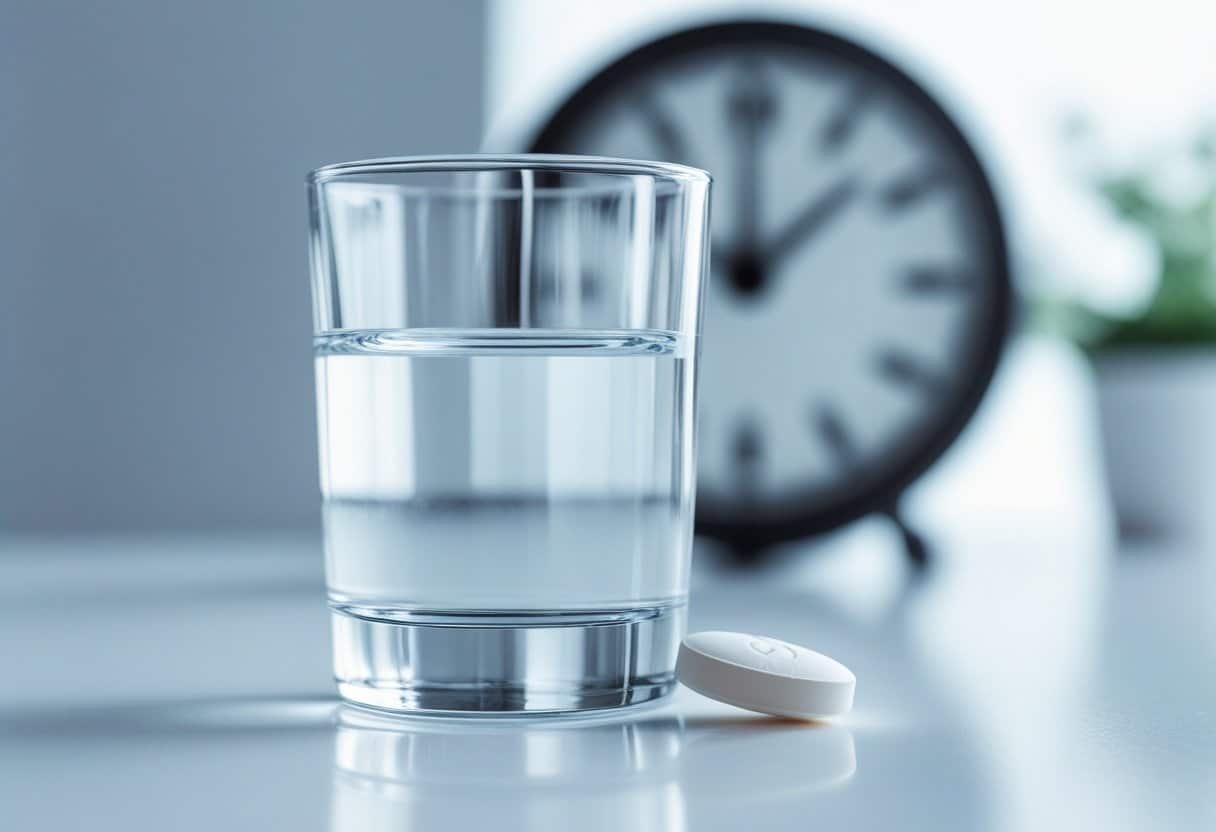 Um copo de água com um comprimido branco ao lado e um relógio desfocado ao fundo mostrando o passar do tempo.