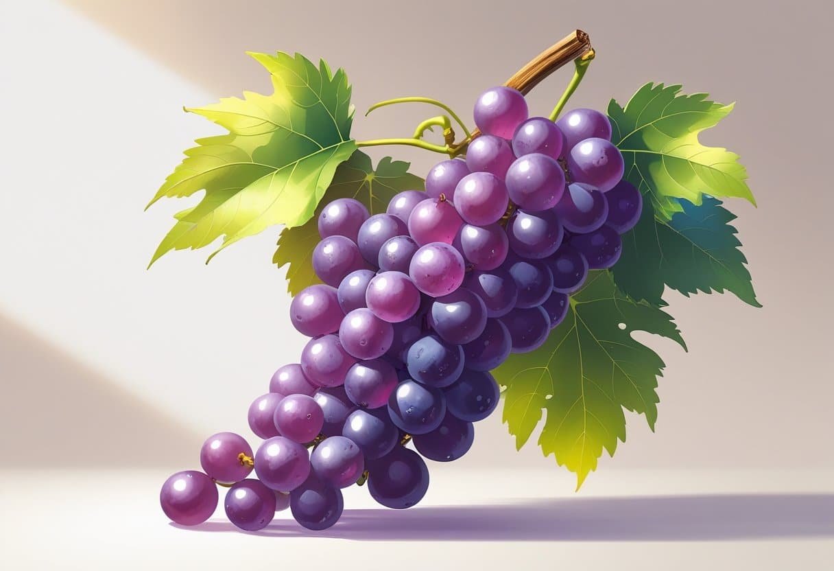 Ilustração de uma fruta vibrante e fresca que começa com a letra V, destacada no centro da imagem com detalhes realistas.