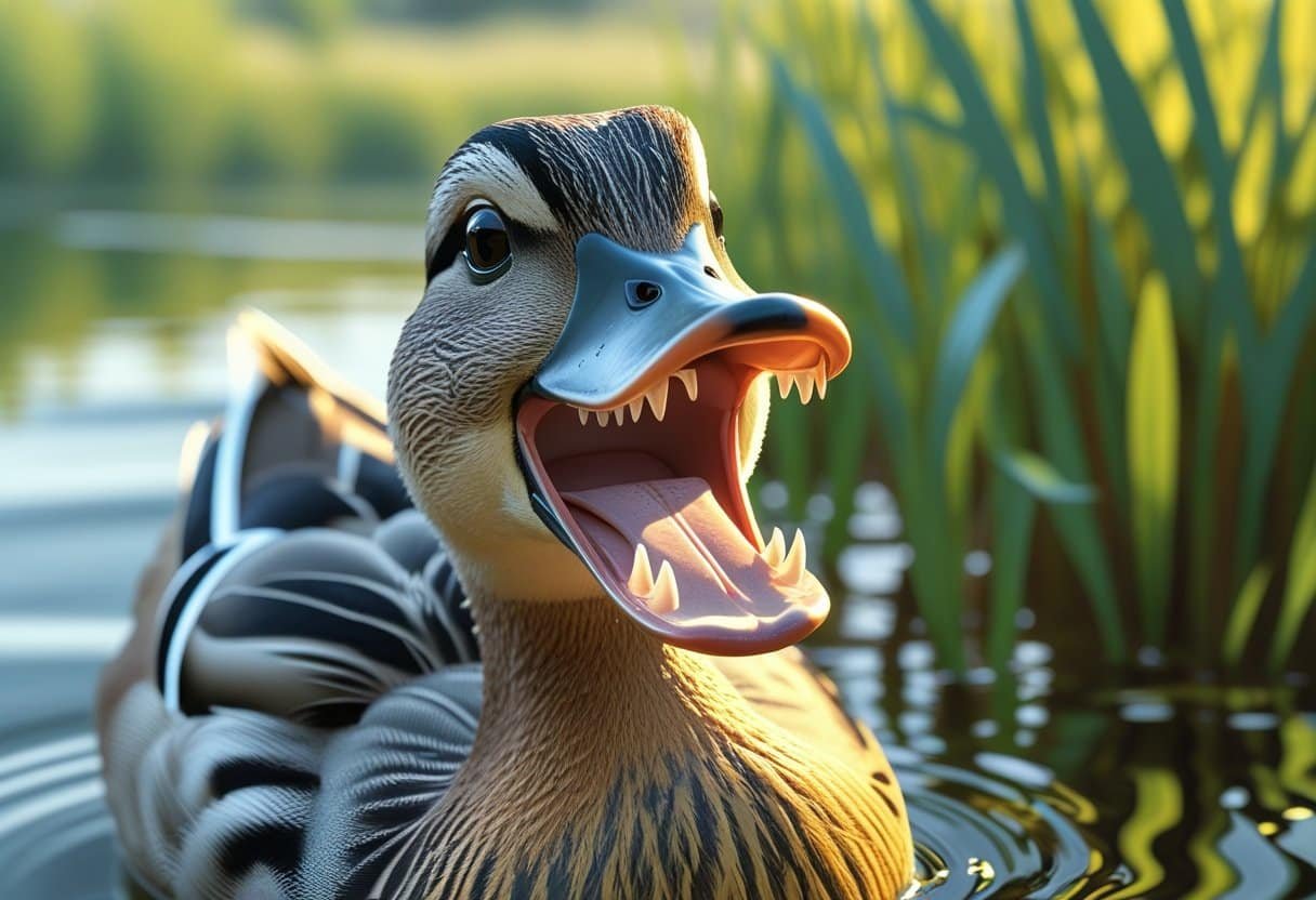 Um pato mostrando a boca aberta perto de um lago com plantas ao redor.