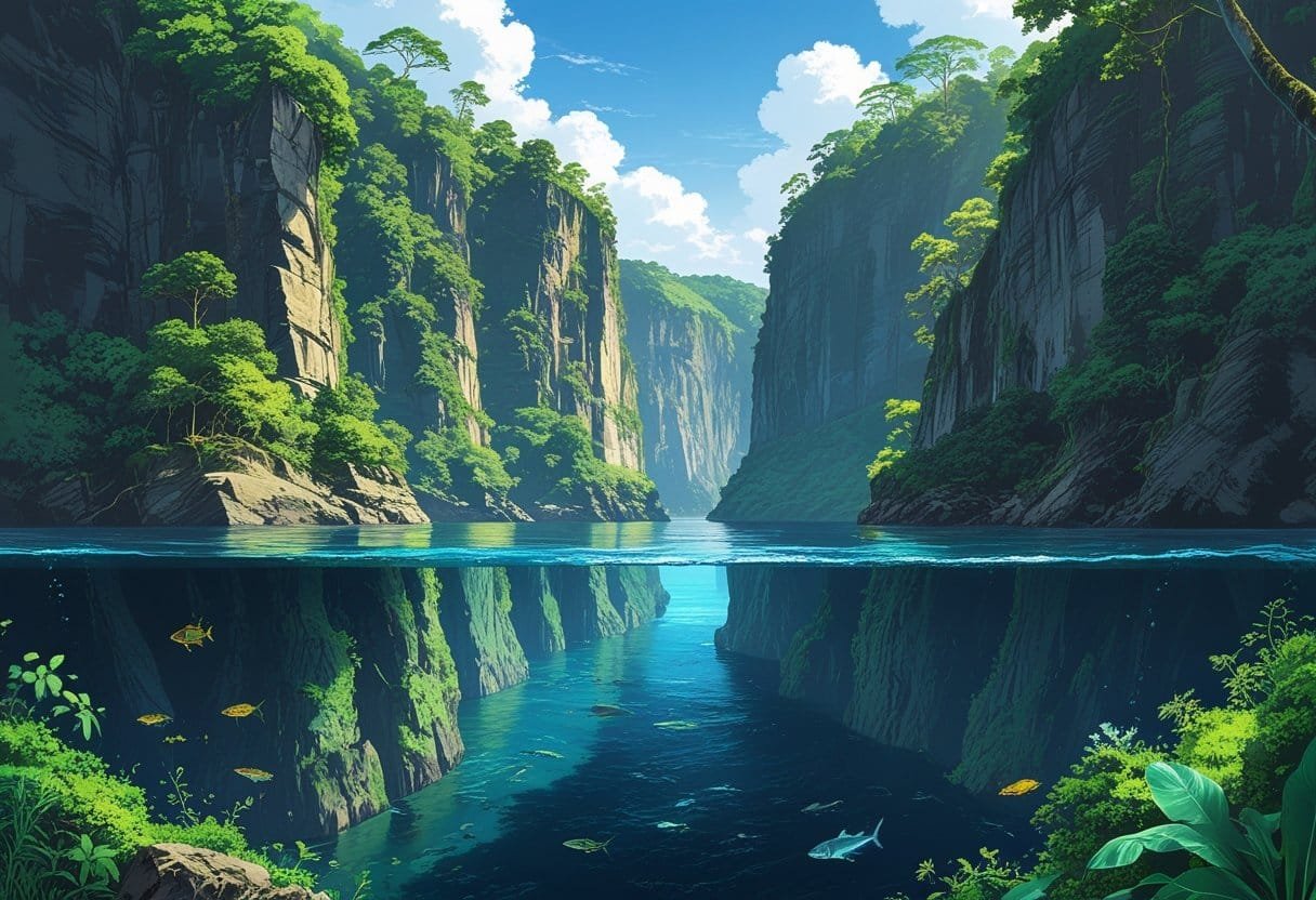 Cena de um rio profundo com paredes rochosas íngremes, vida aquática e uma floresta tropical densa nas margens.