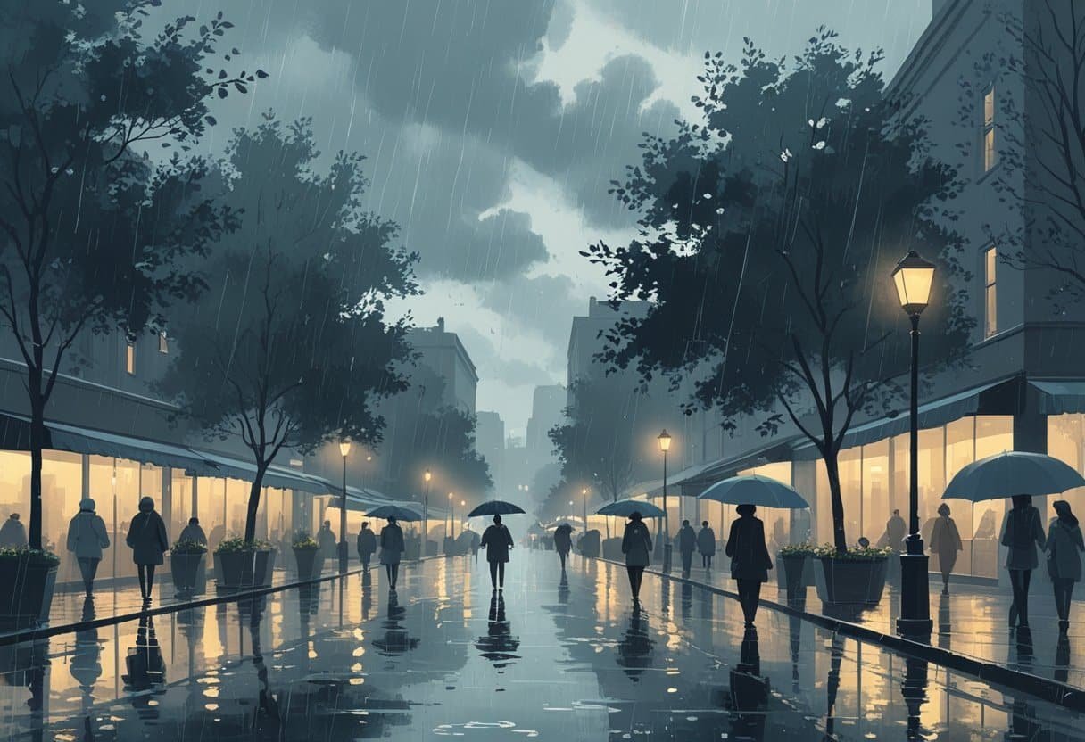 Rua urbana tranquila com chuva leve e esparsa, pessoas com guarda-chuvas e superfícies molhadas refletindo luzes.