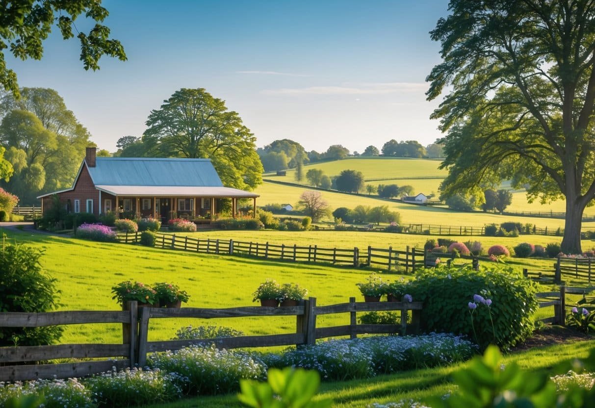Paisagem rural com uma fazenda charmosa, campos verdes, flores coloridas e uma casa de campo aconchegante sob um céu azul claro.