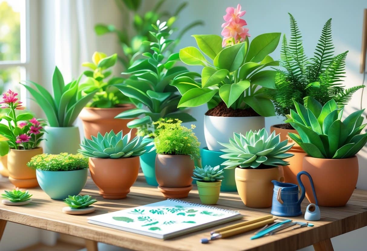 Mesa com vários vasos de plantas diferentes em ambiente interno iluminado pela luz natural, mostrando folhas verdes e flores coloridas.