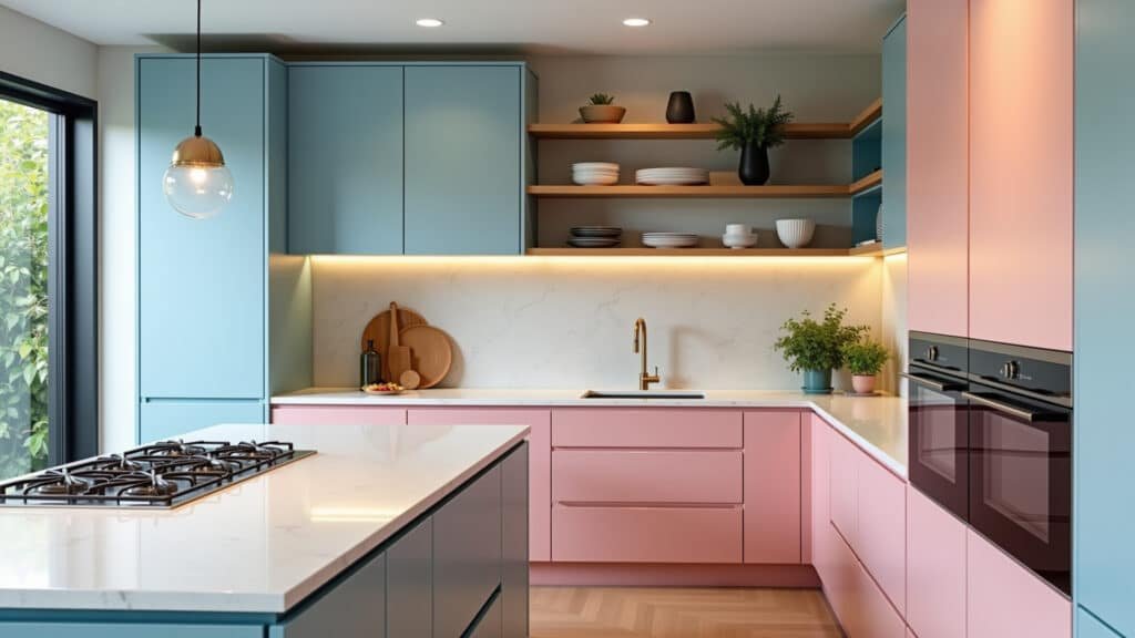 Cozinha com tons pastel vibrantes e detalhes modernos.