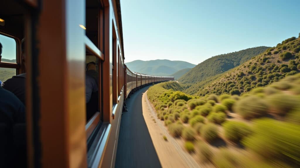 Trem antigo viajando entre Lisboa e Porto, opção econômica de transporte.