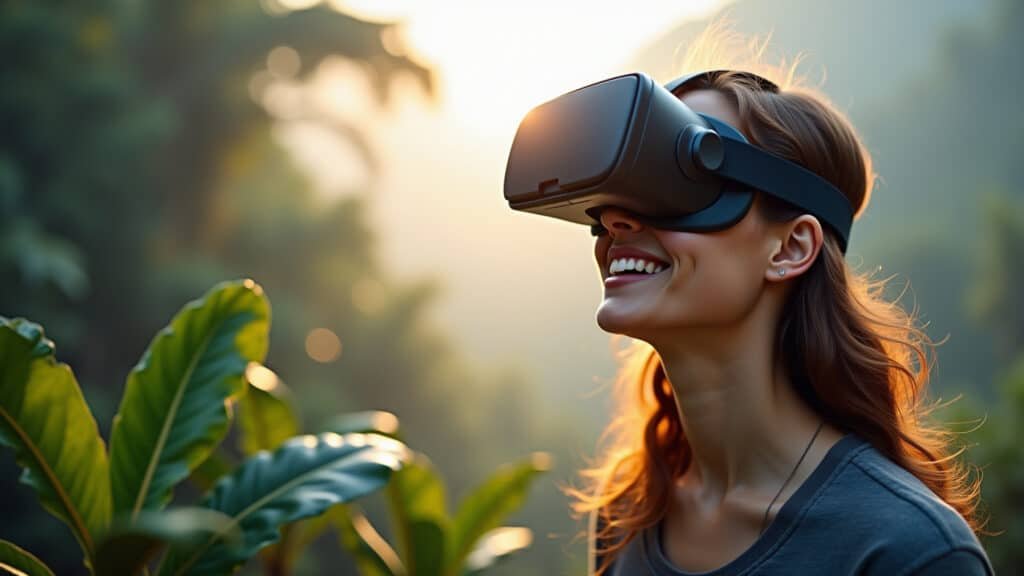 Usuário diverso imerso no metaverso com um headset de realidade virtual.