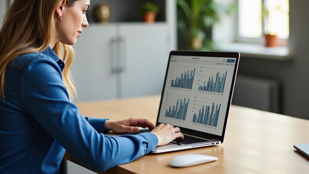 Woman analyzing investment charts, laptop, home office, financial growth, Brazil style, 8k, Mulher investindo dinheiro para o futuro e buscando renda passiva.