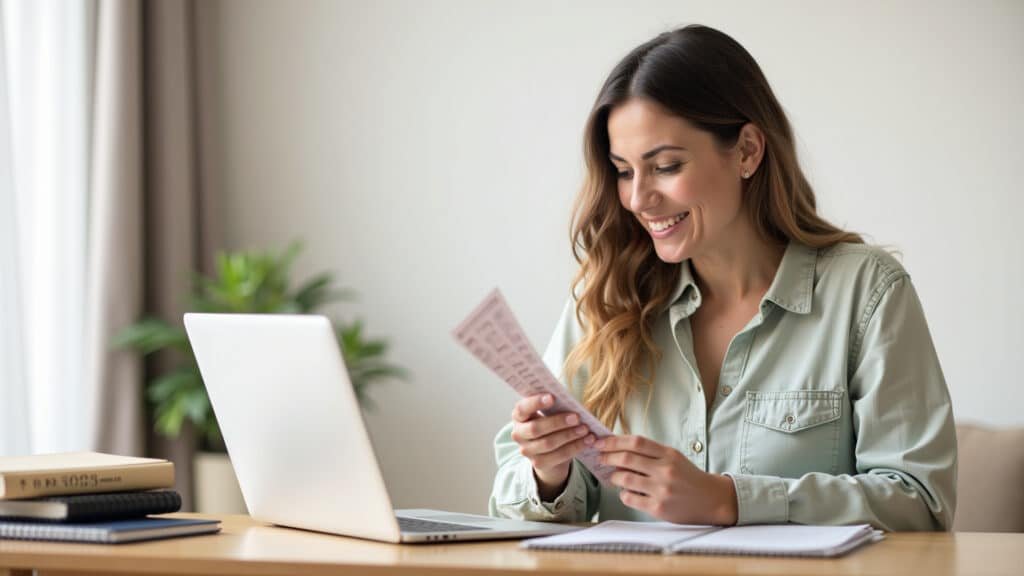 Woman at desk, tracking expenses, laptop, natural light, financial planning, Brazil style, 8k, Mulher anotando gastos em planilha para planejamento financeiro pessoal.