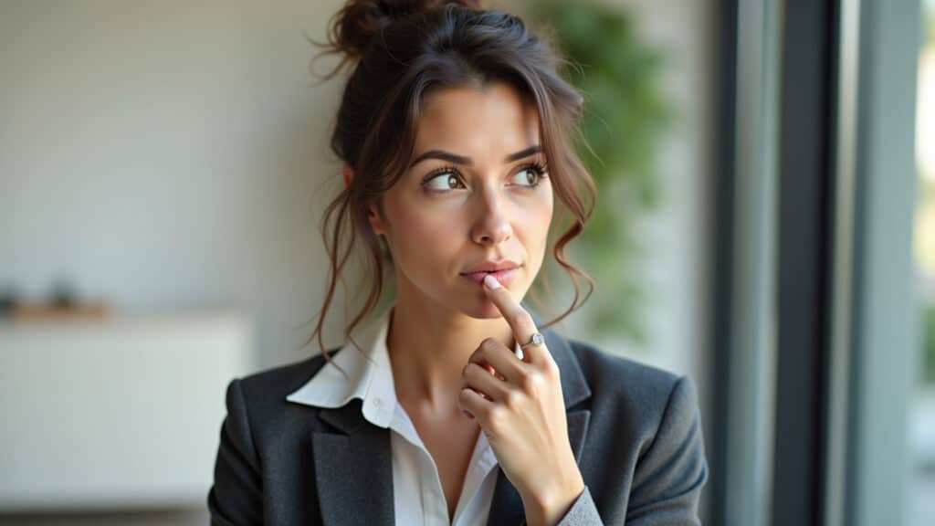 Mulher pensando antes de compartilhar online.