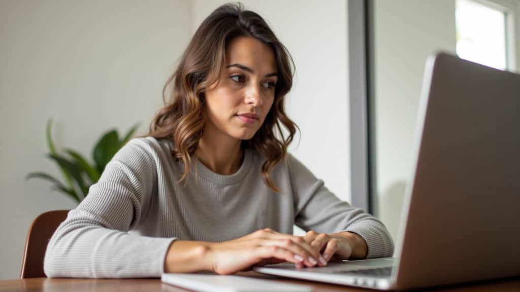 Woman choosing online job, laptop, guide, skills, interests, professional photography, 8K quality, Mulher escolhendo ideia de renda extra online.