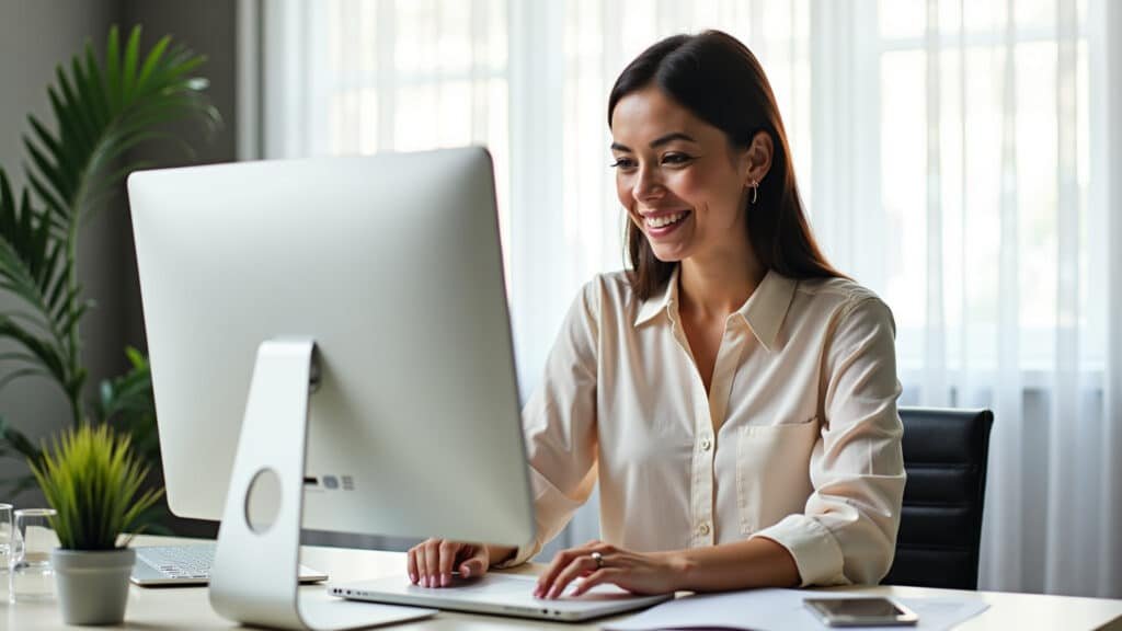 Mulher criando carteira de investimentos diversificada no computador.