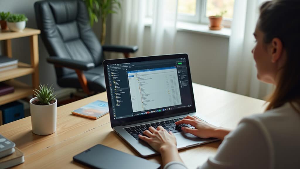 Woman desinstalling unused programs on a laptop, cluttered desk, natural light, focus on screen, Mulher desinstalando programas não utilizados no notebook.