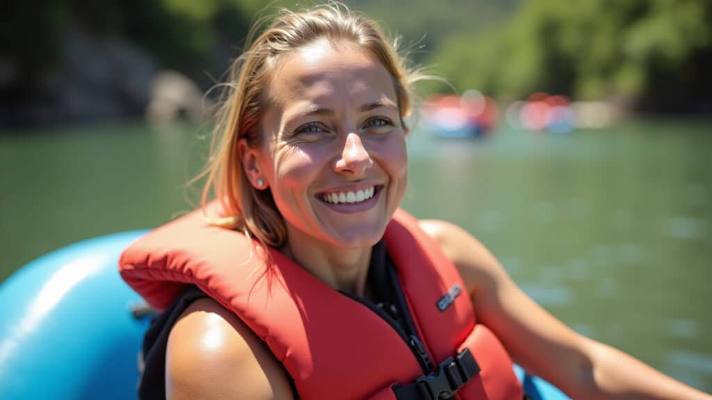 Woman enjoying beginner rafting experience in Brotas, Brazil, smiling, natural light, 8k, sharp Rafting para iniciantes em Brotas.