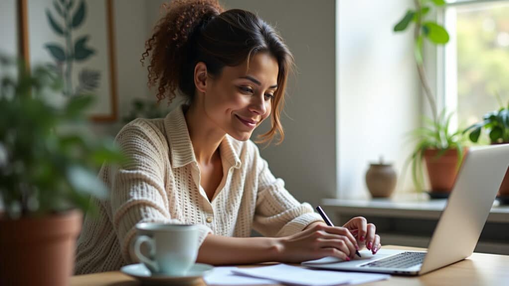 Woman freelancer writing article at home, natural light, cozy Brazilian decor, laptop, coffee, Freelancer escrevendo artigo em casa, ambiente aconchegante.