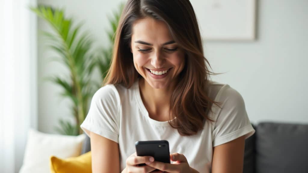 Mulher investindo pequenas quantias regularmente no celular.