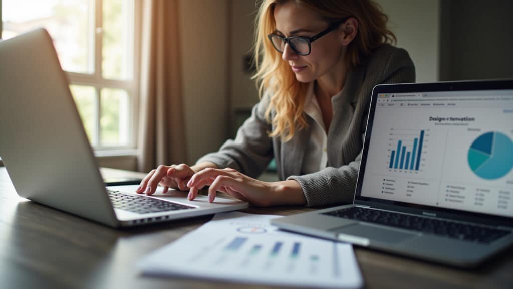 Woman researching online income, laptop, questions, doubts, financial security, professional Mulher pesquisando sobre renda extra online.