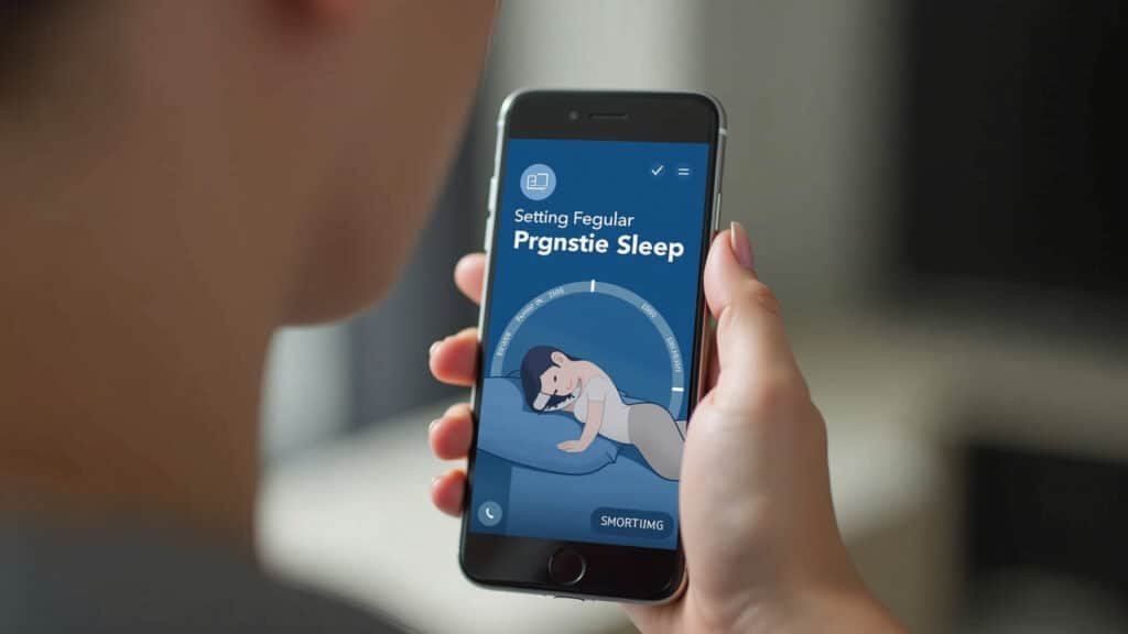 Mulher definindo horário de sono no celular.