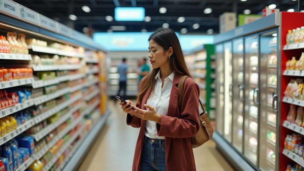 Woman shopping at supermarket, comparing prices, smart shopping, Brazil, 8k, lifestyle photography Economizando no supermercado sem abrir mão da qualidade.