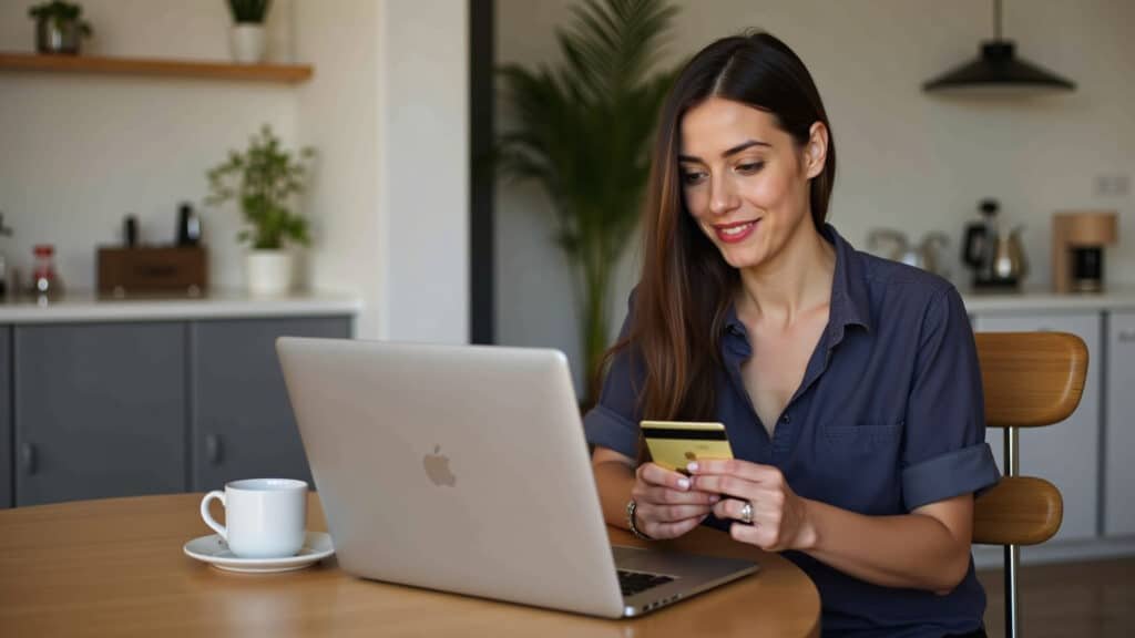 Woman using credit card wisely, online shopping, budget control, Brazil, 8k, sharp focus Usando o cartão de crédito de forma inteligente e evitando dívidas.